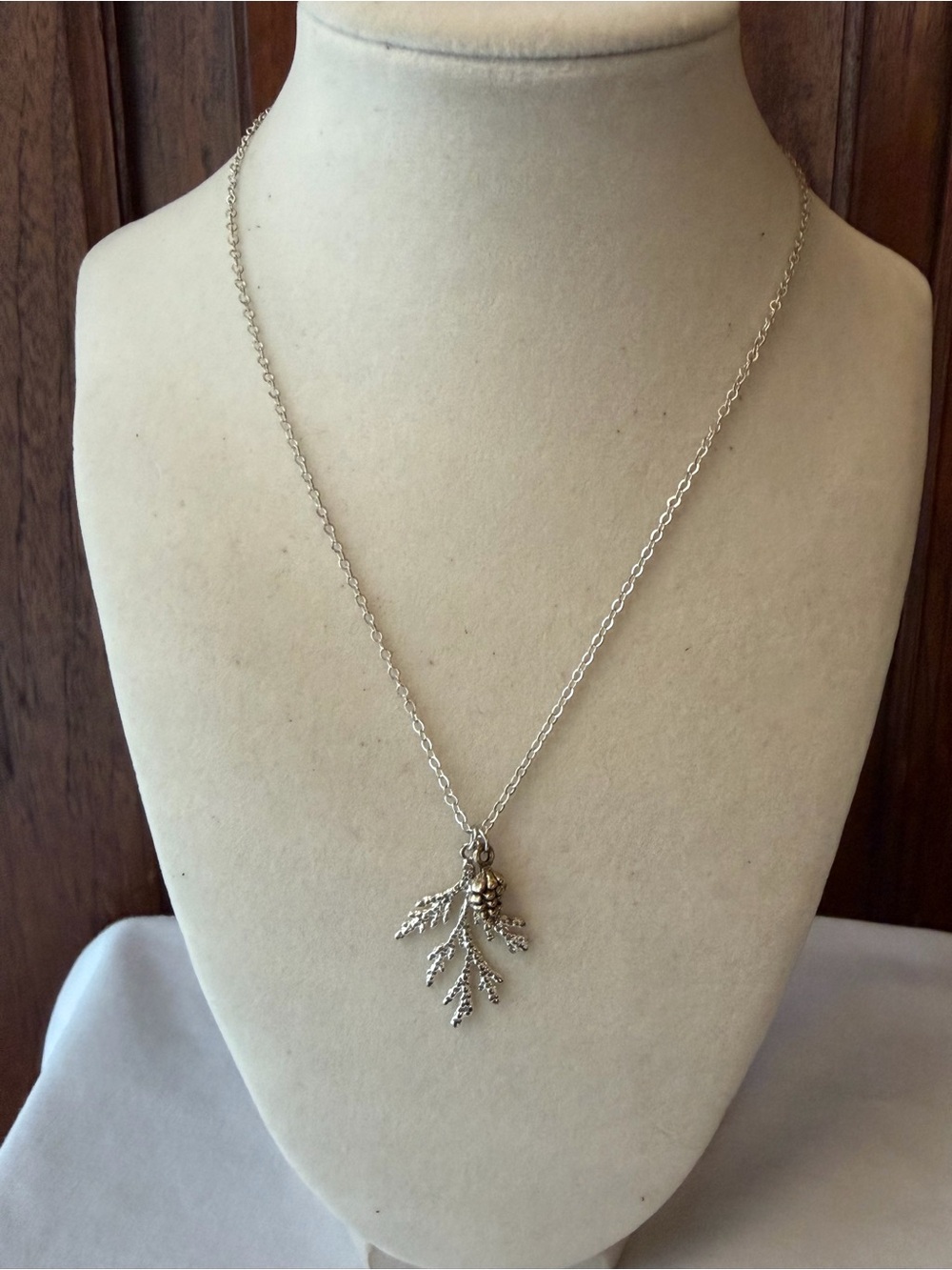 Silver Tone Pine Cone Branch Pendant Necklace Nature Woodland Charm